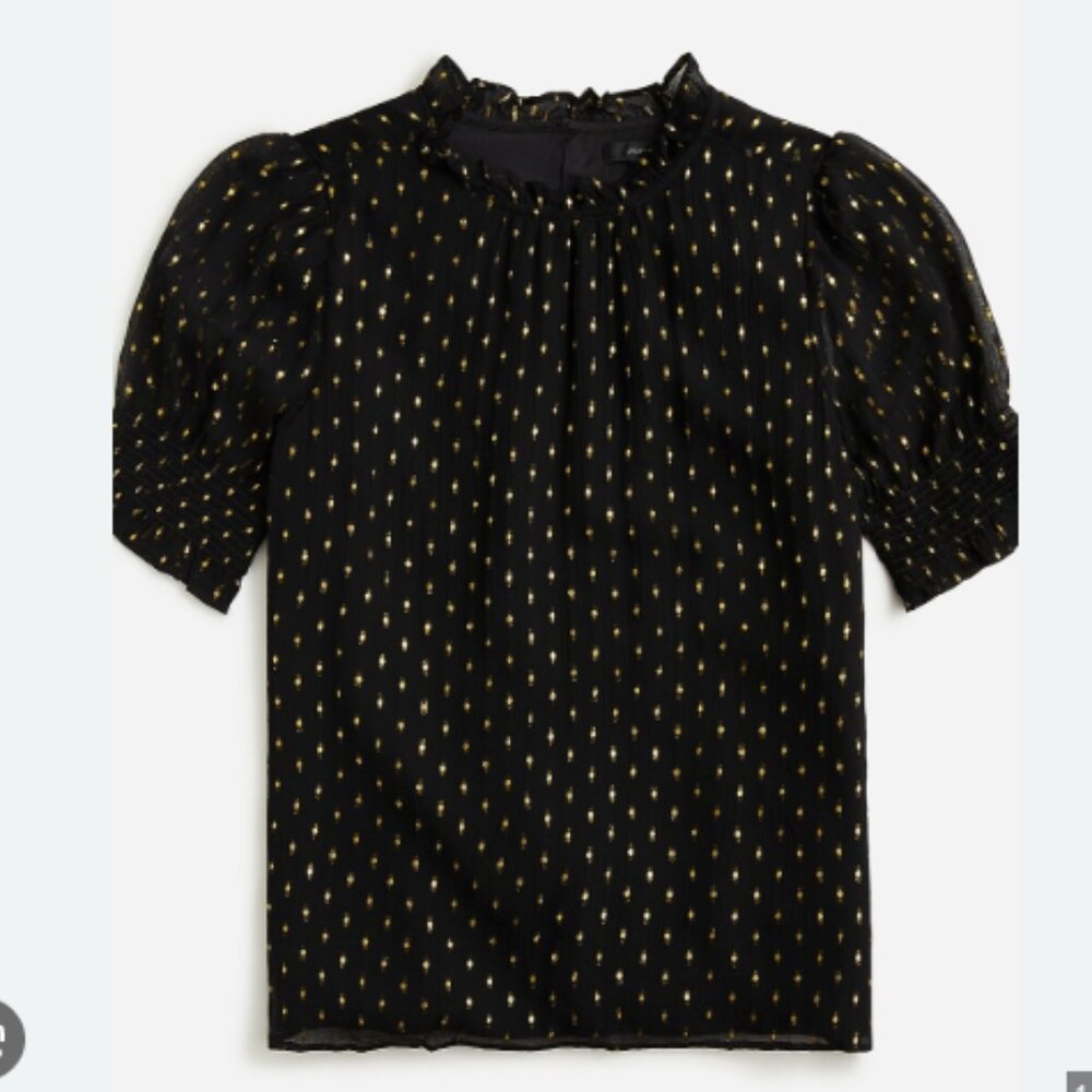 J. Crew Smocked puff-sleeve top in Lurex® chiffon black XXL